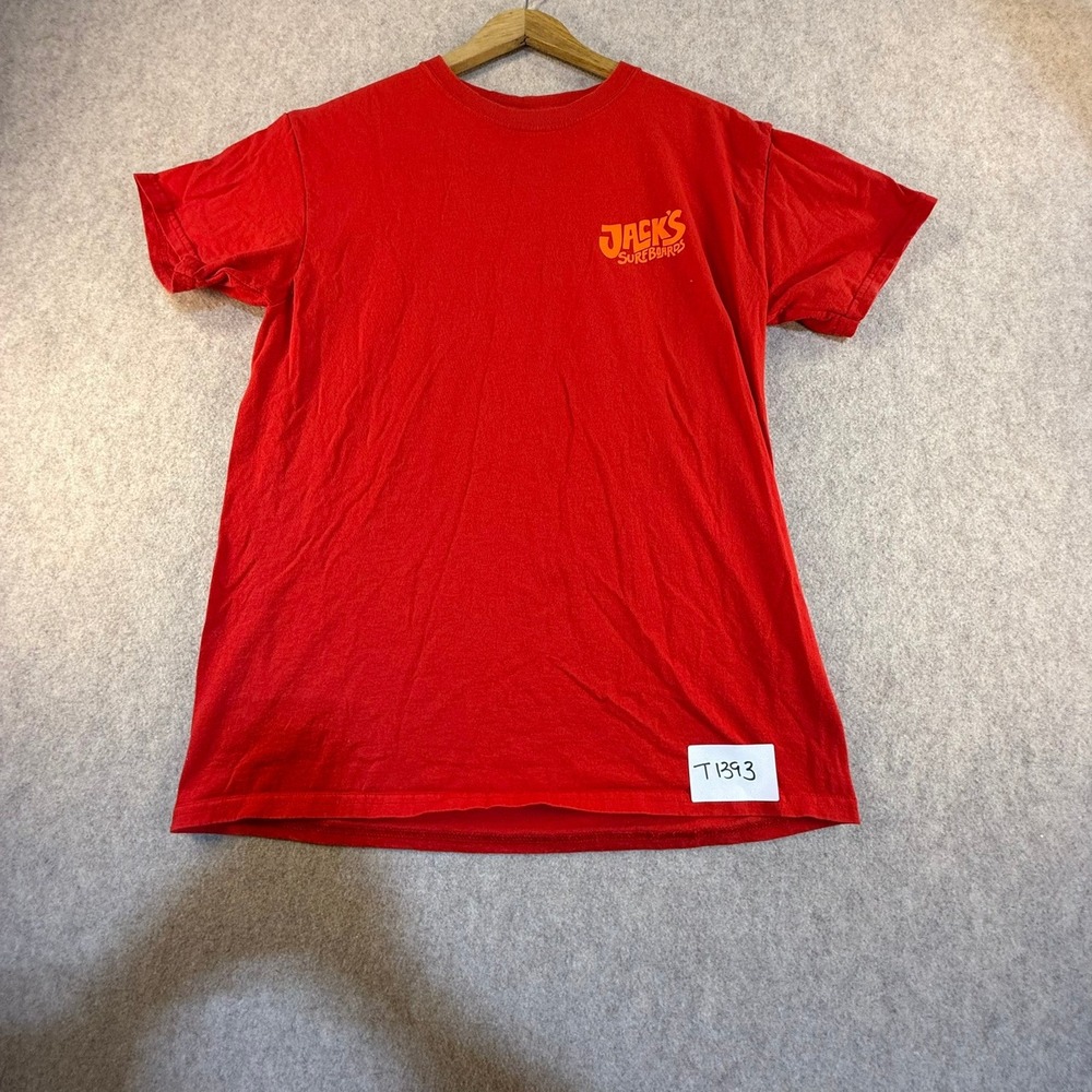 Jacks Surfboards Red Graphic T-Shirt Mens Medium Surfer Cartoon Logo Tee‎